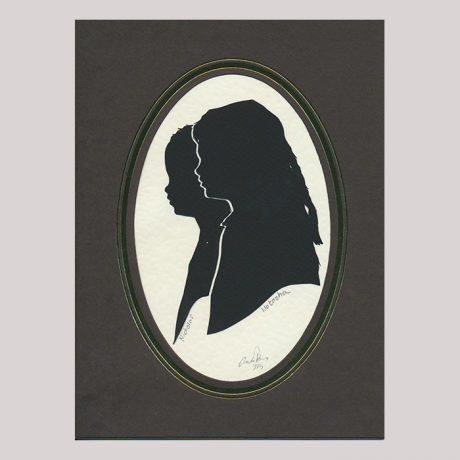 
        Silhouette with two kids looking left in frame. Close-up the girl; in the background the boy.